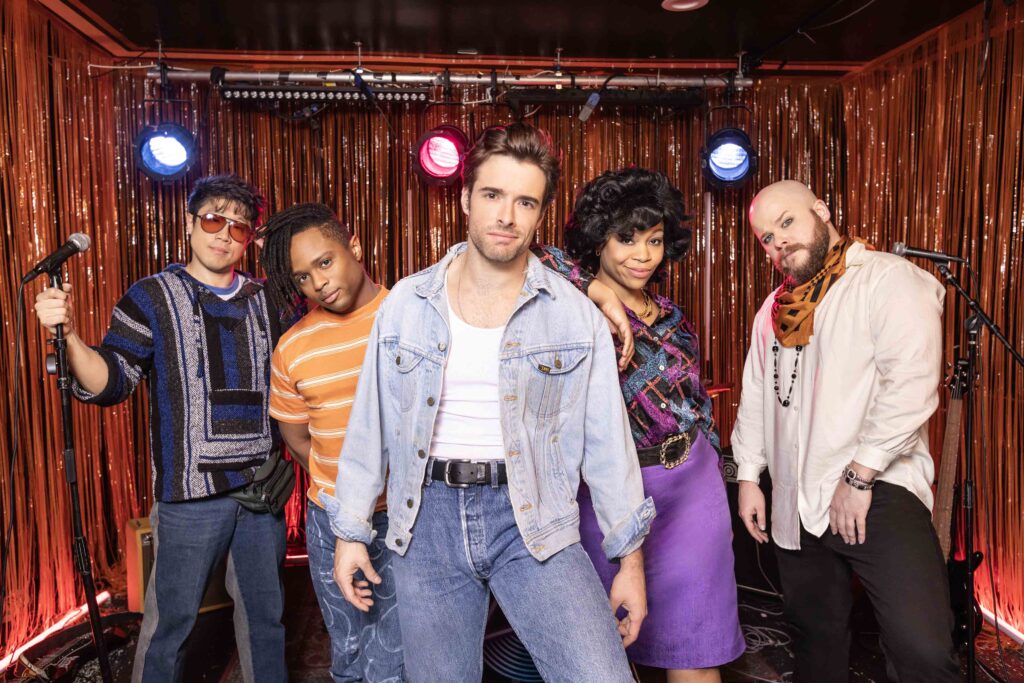 Raymond J. Lee, John-Michael Lyles, Corey Cott, Tamika Lawrence, and F. Michael Haynie in a promotional photo for "The Heart of Rock and Roll" Broadway musical